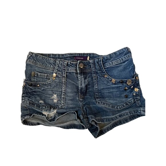 Vigoss Women's Denim Jean Shorts Distressed Detailing & Skull Buttons Size S Y2K - Picture 1 of 7